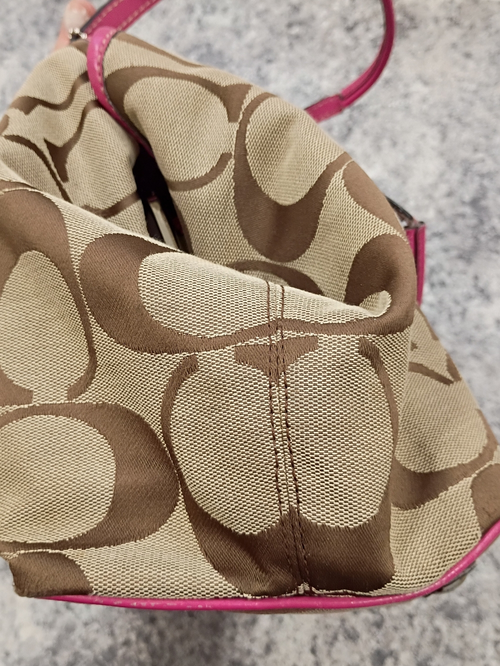 Coach Beige Brown Signature Shoulder Bag with Pink Trim